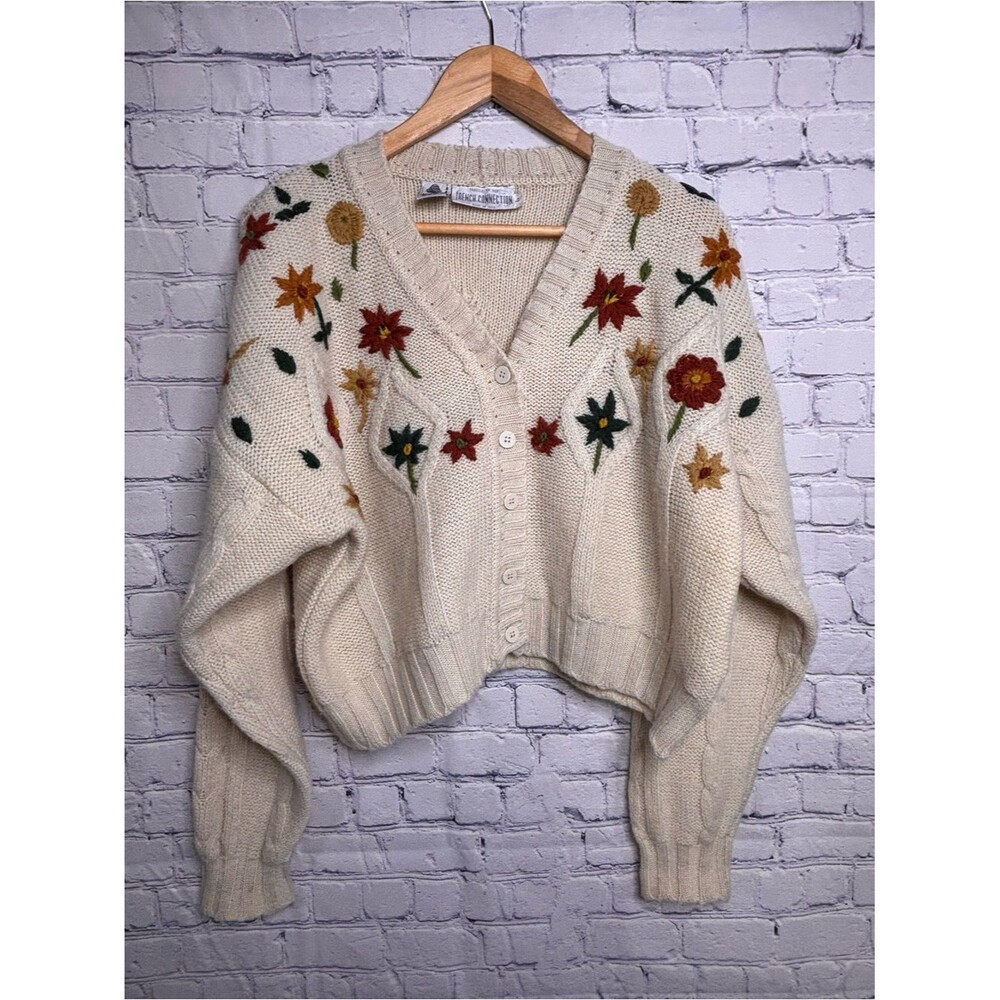 VINTAGE French Connection Cream Floral Embroidery Cottagecore Cardigan Sweater L